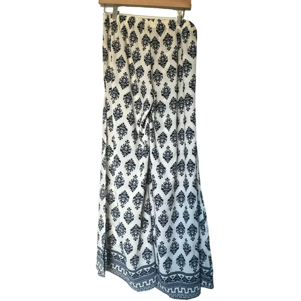 PORTOCRUZ Large Swim Cover Up Pants Beach Boho Wide Leg Slits Tassels Blue White - Picture 3 of 11